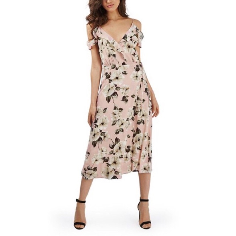 TOPSHOP Floral Print Ruffle Cold Shoulder Wrap Maxi Dress
